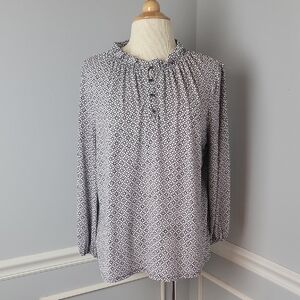 ADRIANNA PAPELL Black White Geometric Boho Print Ruffle Collar Office Casual Top